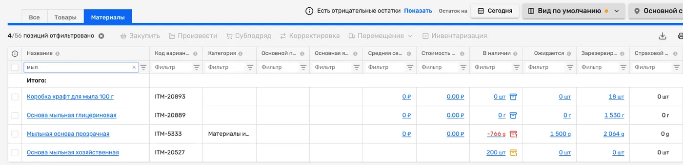 Экран остатков материалов в Золотенков МРП: четыре позиции мыловарни с колонками «В наличии», «Ожидается» и «Зарезервировано», над таблицей переключатель «Остаток на» с выбором даты
