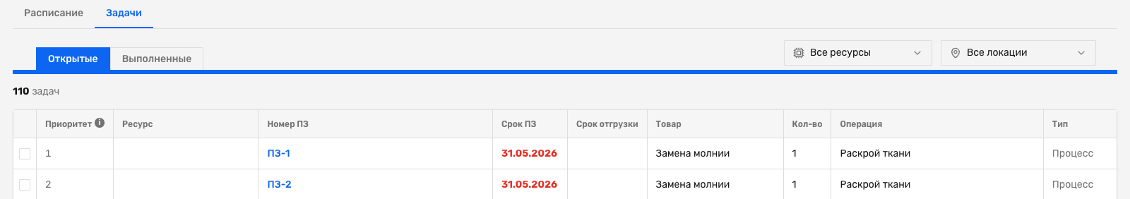 Вкладка «Задачи»: у производственных операций видна колонка «Приоритет»
