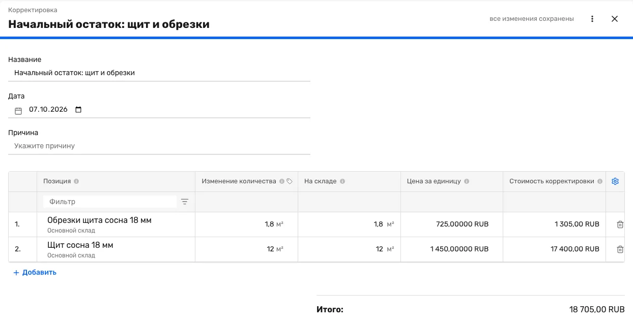 Корректировка «Начальный остаток: щит и обрезки»: две строки с колонками «Цена за единицу» и «Стоимость корректировки», итог 18 705 рублей