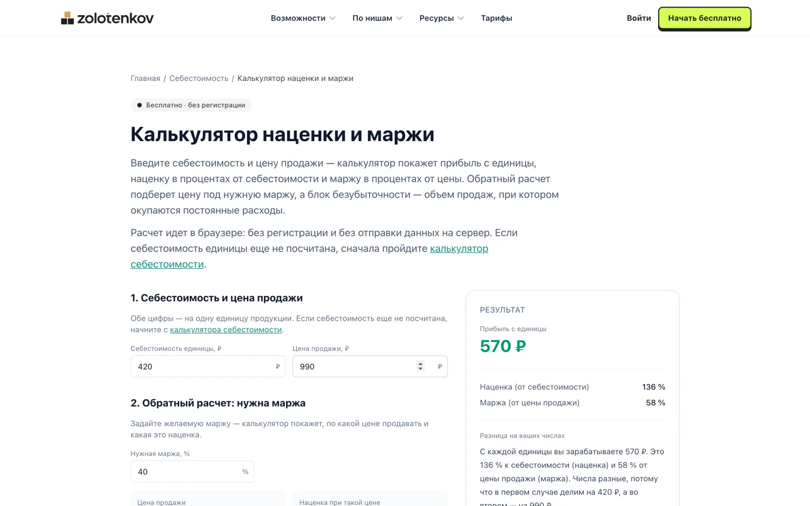 Калькулятор наценки и маржи на сайте: себестоимость 420 ₽, цена 990 ₽, прибыль 570 ₽, наценка 136 %, маржа 58 %