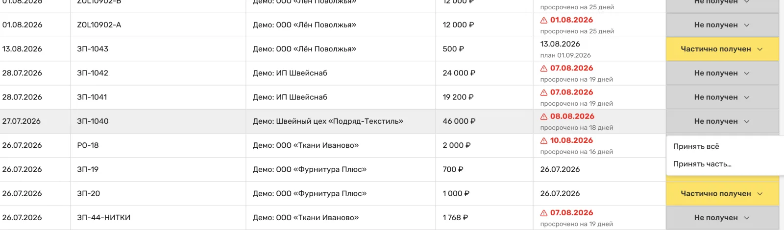 Список закупок Золотенков МРП: у заказа ЗП-1040 открыто меню приемки с пунктами «Принять все» и «Принять часть…»