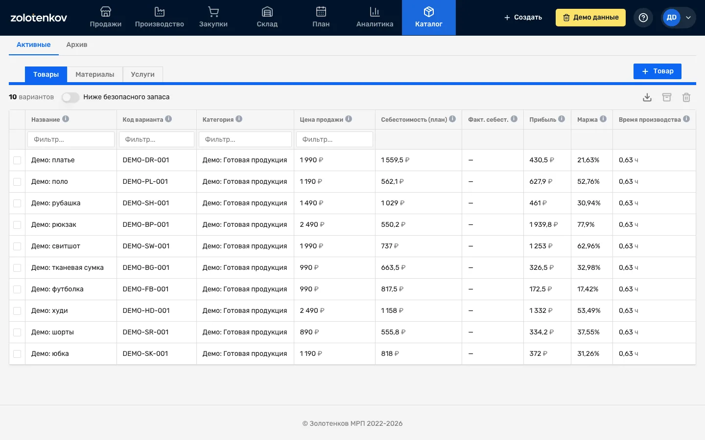 Каталог товаров с ценой продажи, себестоимостью и маржой